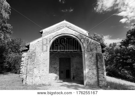 The archeological area of Castelseprio (Varese Lombardy Italy): ruins of a village destroyed in the 13th century. Unesco World Heritage Site. The church. Black and white