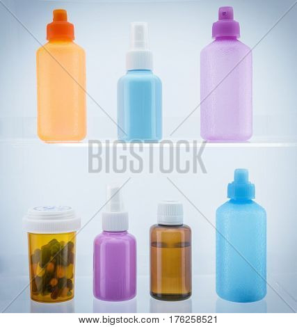 group of laboratory flasks containing liquid color