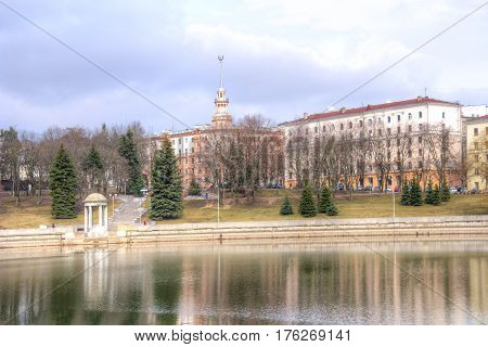Minsk. Residential houses on the riverside of the river Svislach in the city center