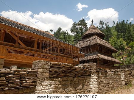 MANALI, INDIA. 4 June 2009: Tripura Sundari Temple, decorated with beautiful carvings. Naggar, district Kullu in Himachal Pradesh, India.