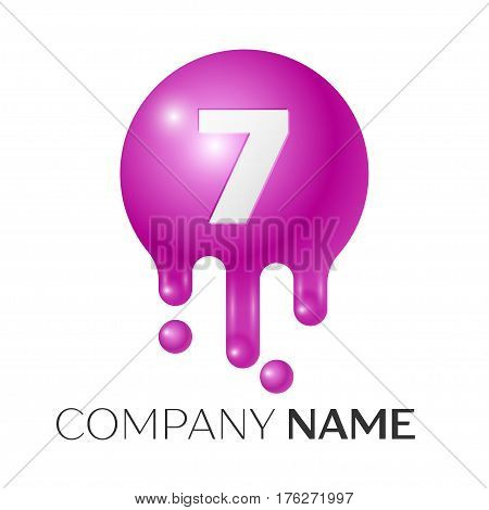 Number seven splash logo. Purple dots and bubbles number design on grey background. Vector Illustration.
