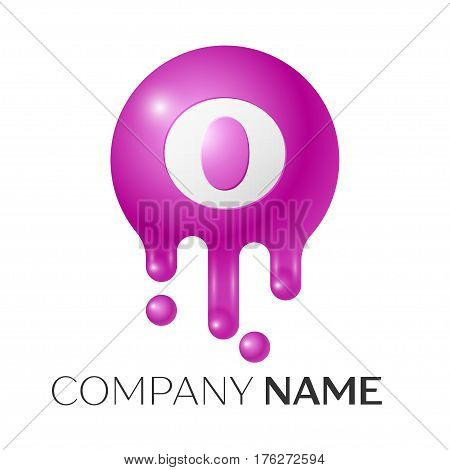 O Letter splash logo. Purple dots and bubbles letter design on grey background. Vector Illustration.