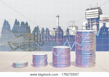 Double exposure of energy business and finance Money coin stack with growing graph Blurred power plant and electric pole background.