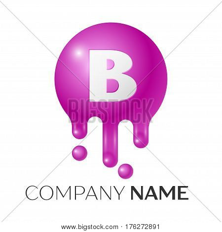 B Letter splash logo. Purple dots and bubbles letter design on grey background. Vector Illustration.