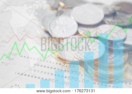 Double exposure of money coins with growing graph Blurred world map background Finance and banking concept.