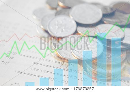 Double exposure of money coins with growing graph Finance and banking concept.