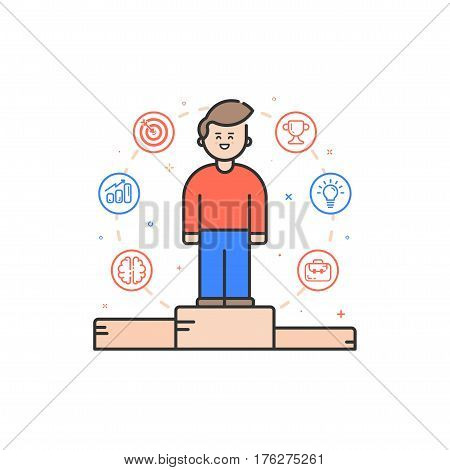 Vector illustration in flat bold linear style with boy and color icons. Concept of business competition winner - man standing on the podium on the first place - career achievement Outline stock object
