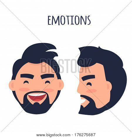 Men Emotions. Man with beard and pink cheeks laughing with open mouth. Face from two different angles of view isolated on white background. Cartoon happy male character vector illustration.
