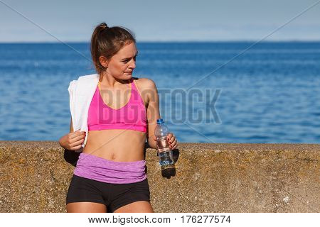 Woman Drinking Water After Sport Gym Outdoor
