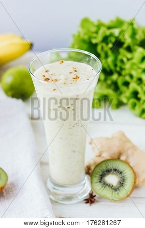 Fresh Smothie - Vegan Drink With Banana, Salad Leaves, Ginger And Kiwi.