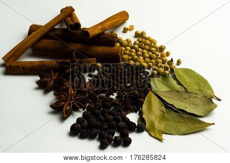 many kinds of spice spilled on a white table