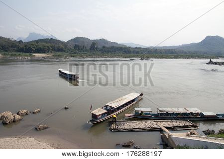 Boats on the Mekong River. 4000 islands Don Det island. Laos