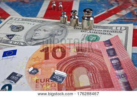 euro banknote and american dollar on British flag