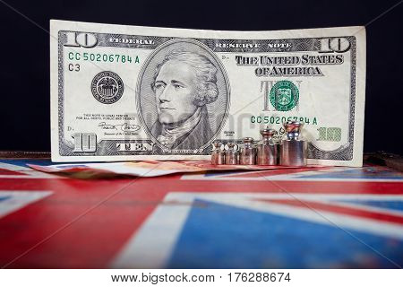 euro banknote and american dollar on British flag