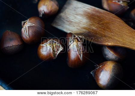 Roated Chestnuts On Pan