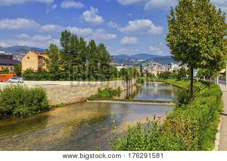 Miljacka river by day, Sarajevo, Bosnia and Herzegovina