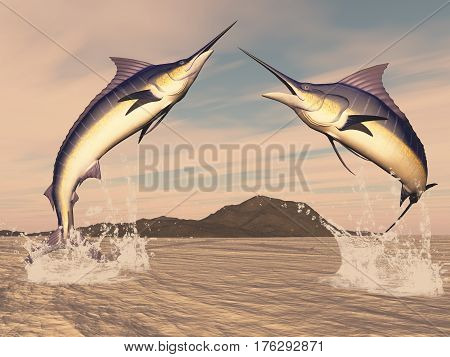 Marlin fishes danse by sunset - 3D render