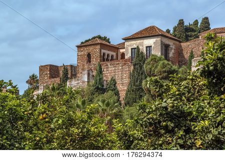 view of Alcazaba in Malaga Spain. Alcazaba is a palatial fortification in Malaga