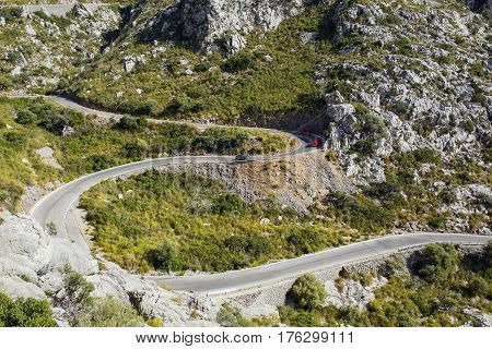 Aerial view of the mountain road to the village Sa Calobra. The Island Majorca, Spain