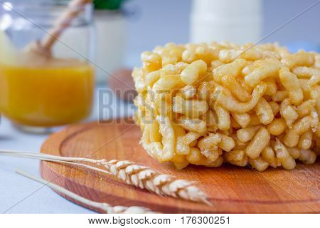 Sweet Asian Cake Chak-chak With Honey On Wooden Board.
