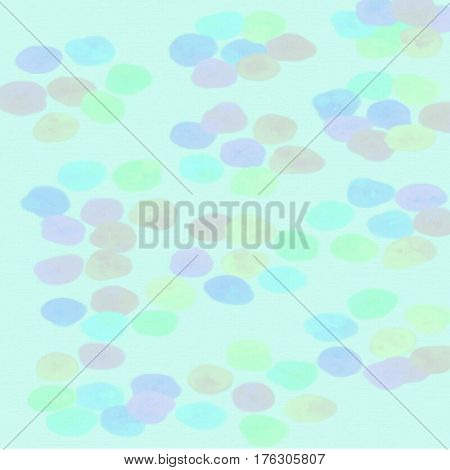 Abstract background of spots of blue and green and pink and yellow spreading paint light and dark throughout the drawing