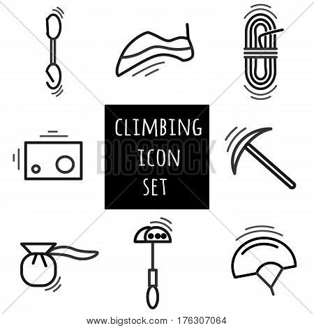 Sports thin line icon set for web and mobile. Climbing equipment flat design.