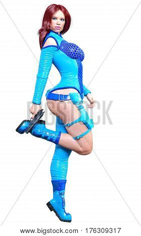 Young beautiful woman warrior from future. Protective blue armor leather jumpsuit. Pistol in hand. Girl standing candid provocative aggressive pose. Photorealistic 3D rendering isolate illustration.
