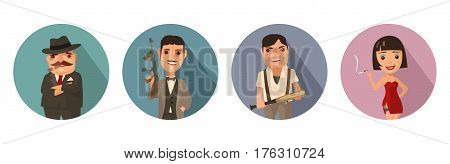 Set person Mafia. Don, capo, soldier, prostitute. Vector flat illustration on with shadow on color circle. Collection comics icon
