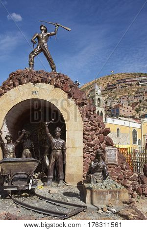 ORURO, BOLIVIA - FEBRUARY 24, 2017: Memorial statue to the miners in Oruro, on the altiplano of Bolivia. The city also plays host to the famous annual Oruro Carnival.