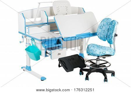 Blue chair school table blue basket desk lamp and black support under legs on the white isolated background.