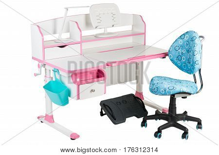 Blue chair pink school table blue basket desk lamp and black support under legs on the white isolated background.