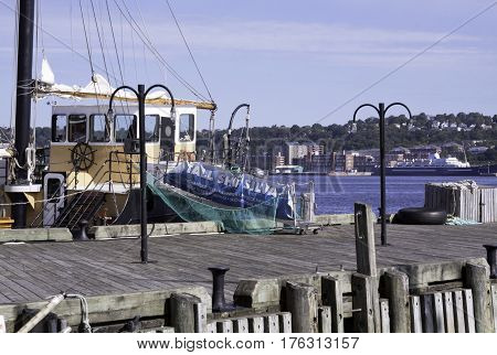 Halifax, Nova Scotia, September 23, 2015 -- Close-up of the entrance to the tall ship Silva in the Halifax Harbor on a bright sunny day in September in Halifax, Nova Scotia
