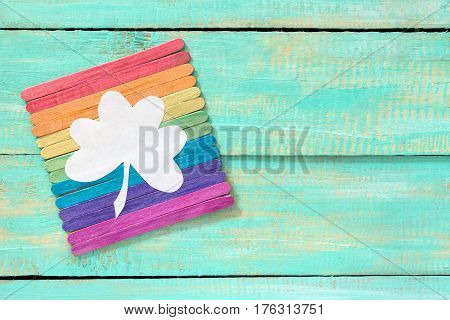 Kids Hack Gift For St. Patrick's Day Clover On A Rainbow, A Craft Of Of Wooden Sticks. Made By Hand.