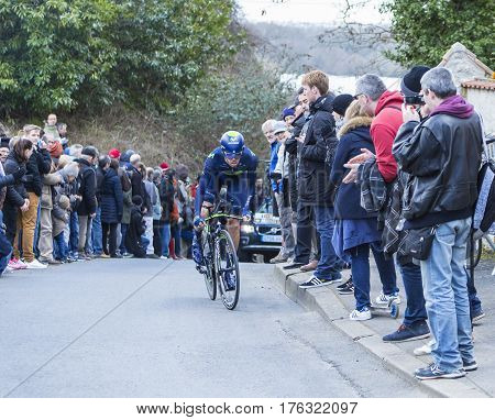 Conflans-Sainte-HonorineFrance-March 62016: The Spanish cyclist Jesus Herrada Lopez of Movistar Team riding during the prologue stage of Paris-Nice 2016.