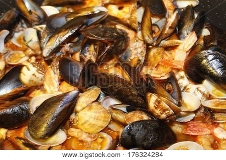 Italian typical food mixed seafood with mussels and clams