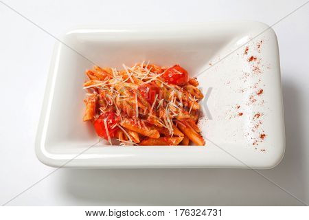 Pasta With Tomato Sauce Sprinkled With Parmesan Cheese