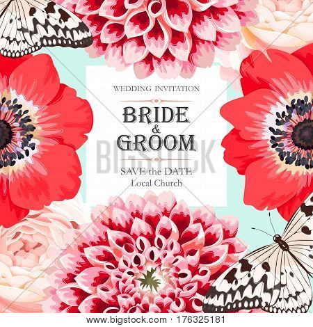 Vector wedding invitation with high detailed flowers