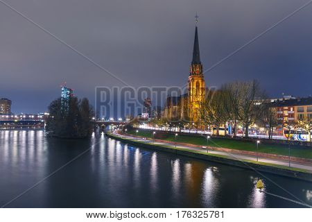 Lutheran parish church Dreikonigskirche, Three Kings or Three Wise Men church, on the bank of the Main river in Frankfurt am Main, Germany
