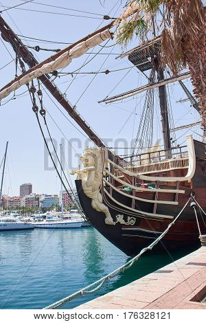 Alicante, Spain - June 30, 2016: Bow of the Santisima Trinidad ship. Ship is an exact replica of the Santisima Trinidad . Costa Blanca. Spain