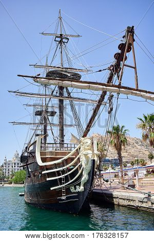 Alicante, Spain - June 30, 2016: Bow of the Santisima Trinidad ship. Ship is an exact replica of the Santisima Trinidad . Costa Blanca. Spain