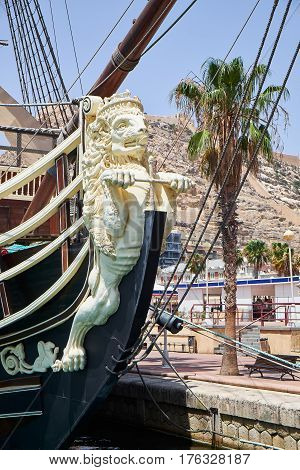 Alicante, Spain - June 30, 2016: Bow of the Santisima Trinidad ship. Ship is an exact replica of the Santisima Trinidad . Costa Blanca. Spain