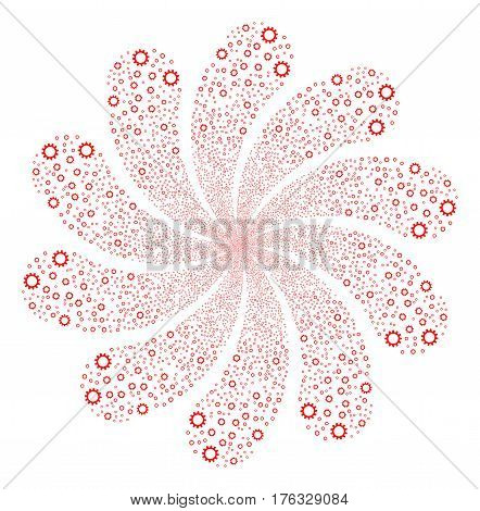 Cogwheel fireworks swirl flower with ten petals. Vector illustration style is flat red scattered symbols. Object twirl made from random icons.
