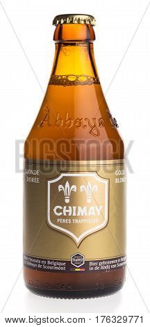 GRONINGEN, NETHERLANDS - MARCH 14, 2017: Bottle of Chimay Blonde beer isolated on a white background