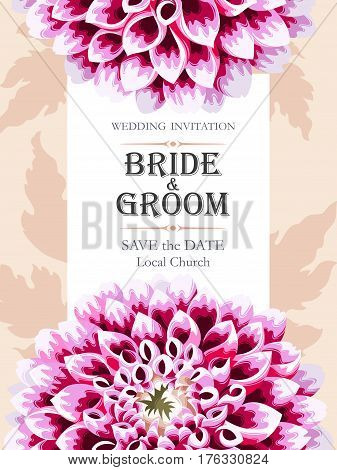 Vector wedding invitation with high detailed dahlias