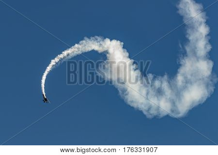 RHINEBECK NY - SEPTEMBER 25 2016: The Aerodrome Air Show Team perform a show with the World War I plane Fokker D.VII (Reproduction) at Old Rhinebeck Aerodrome