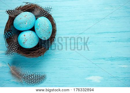 Easter eggs in nest turquoise Easter background