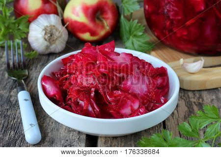 Pickled cabbage with beet garlic and apple