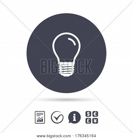 Light bulb icon. Lamp E27 screw socket symbol. Led light sign. Report document, information and check tick icons. Currency exchange. Vector