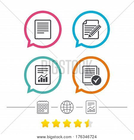 File document icons. Document with chart or graph symbol. Edit content with pencil sign. Select file with checkbox. Calendar, internet globe and report linear icons. Star vote ranking. Vector