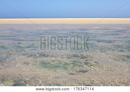 Incredible view of Costa Calma beach, blue lagoon. Playa Barca, Fuerteventura, Canary islands, Spain